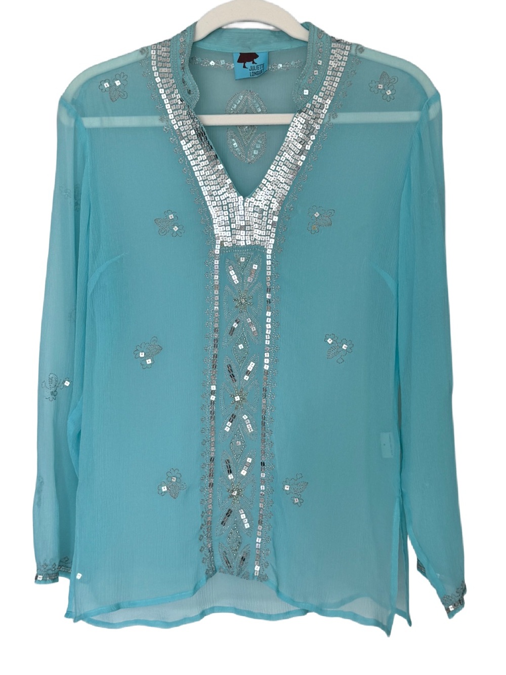 Juliette Longuet 100% Silk Sheer Chiffon Tunic Kaftan Top Blue Silver Beaded 8